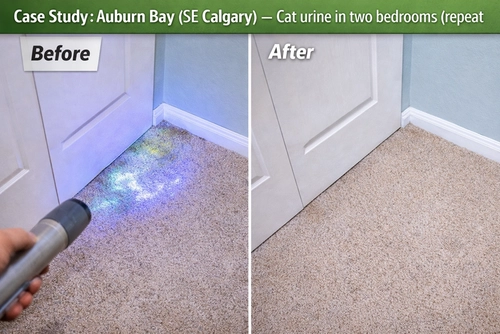 auburn-bay-se-calgary-cat-urine-treatment-before-after Before and after cat urine treatment on bedroom carpet in Auburn Bay, SE Calgary (UV inspection shown).