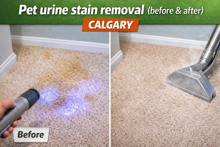 pet-urine-stain-removal-calgary-before-after Before and after pet urine stain removal on carpet in Calgary with UV inspection and deep extraction cleaning.