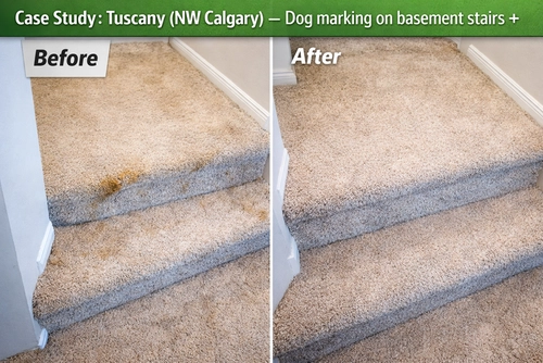 stair-case-pet-stain-removal-in-Tuscany-nw-Calgary Before and after carpet cleaning on basement stairs in Tuscany, NW Calgary (pet stain treatment).