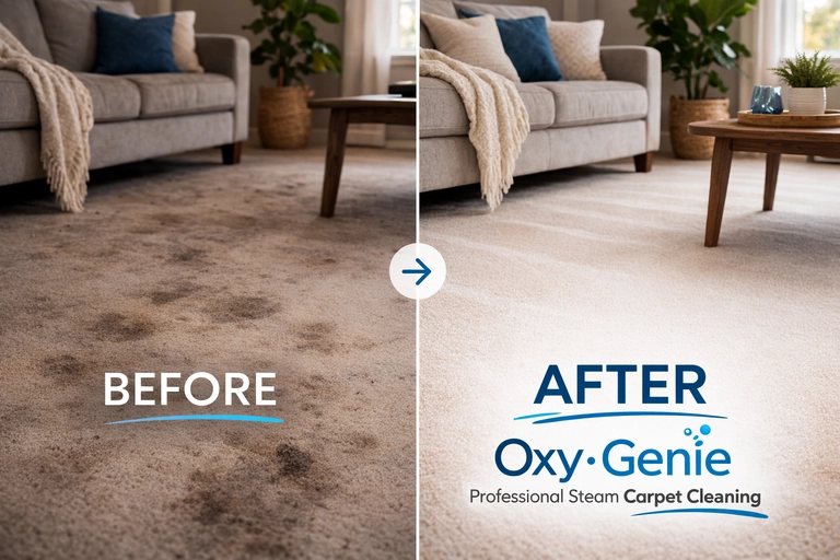 Before and after professional steam carpet cleaning in a living room, showing a stained carpet transformed into a clean, fresh surface