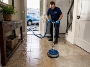 Oxy-Genie technician using a truck-mounted tile and grout cleaning spinner on a tiled floor in a Calgary home.